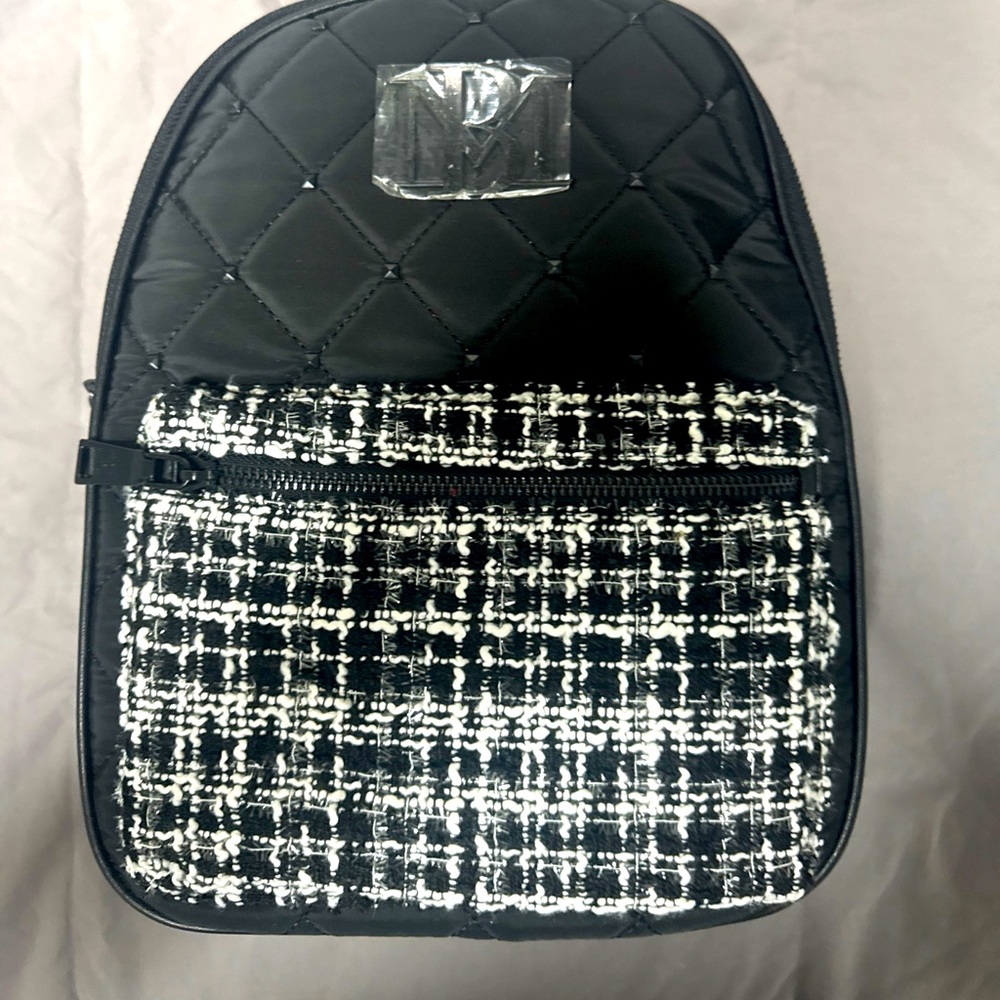 Badgley Mischka Black Quilted Backpack with Tweed Front Pocket